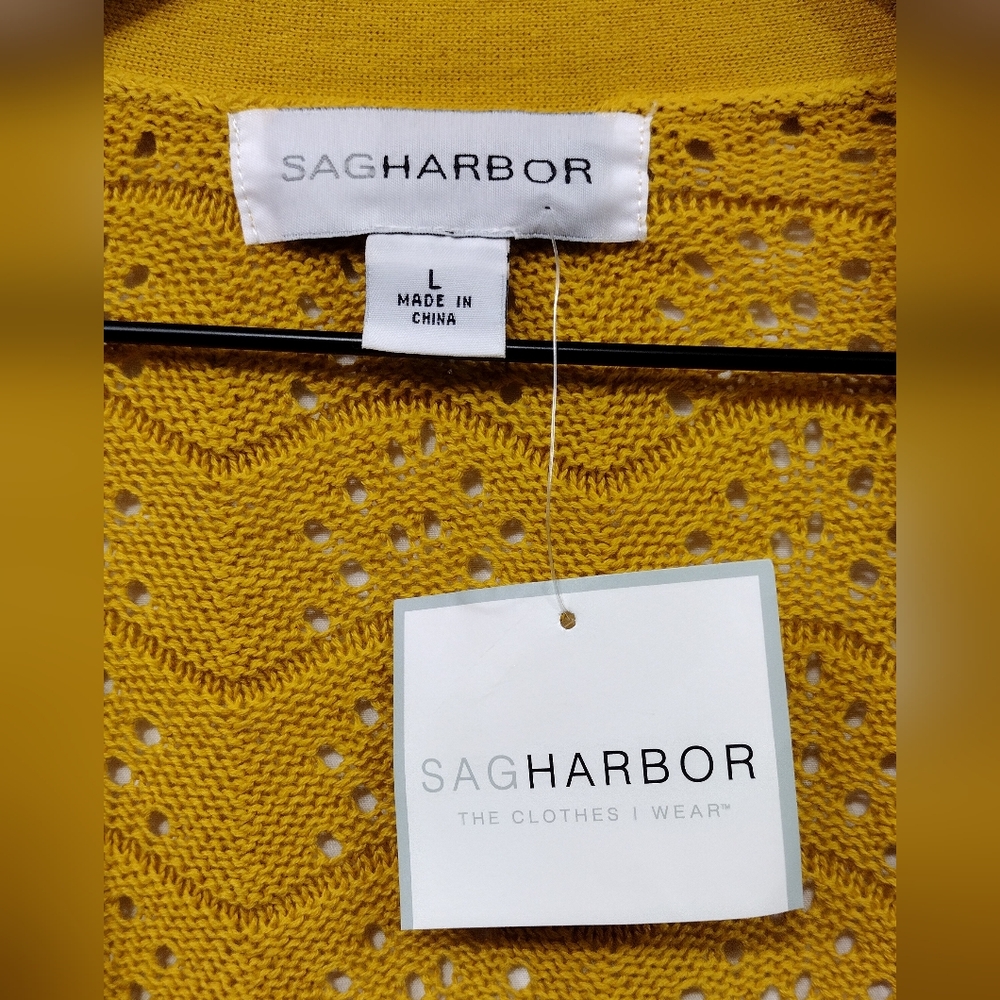 NWT Sagharbor Eyelet Open Front Cardigan Women's L Mustard Yellow Boho Retro Y2K - Picture 7 of 8